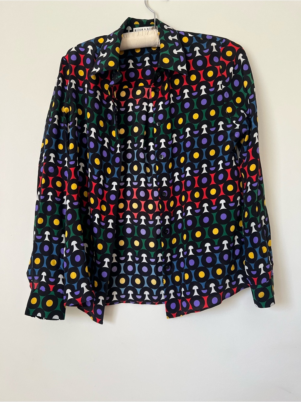 Alice + Olivia Black Multicolor Geometric Button-Up Blouse